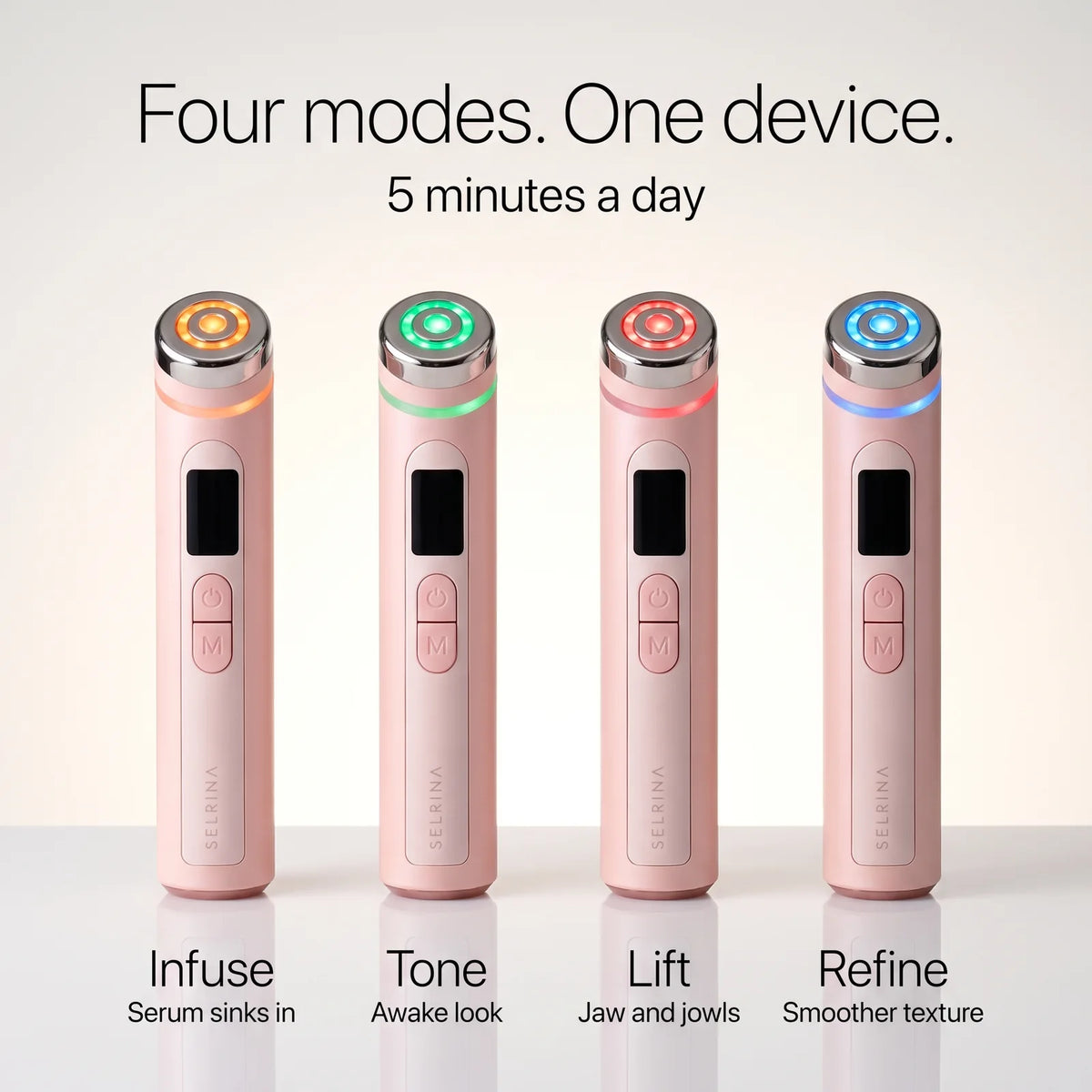 Four modes in one device: Infuse, Tone, Lift, Refine
